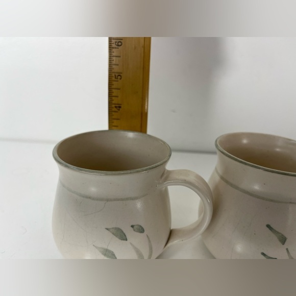 Set of 2 Matching Handmade Wheel Thrown Pottery Mugs Signed Cream Green - Picture 6 of 9